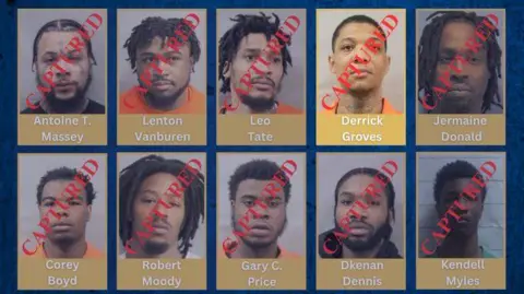 Louisiana State Police mug shots of each escaped inmate lined up, with "captured" written over their faces