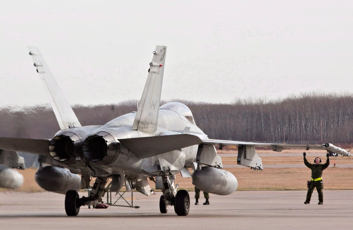 Military personnel guide a CF-18 Hornet into position at the CFB Cold Lake, in Cold Lake, Alberta on Tuesday October 21, 2014.