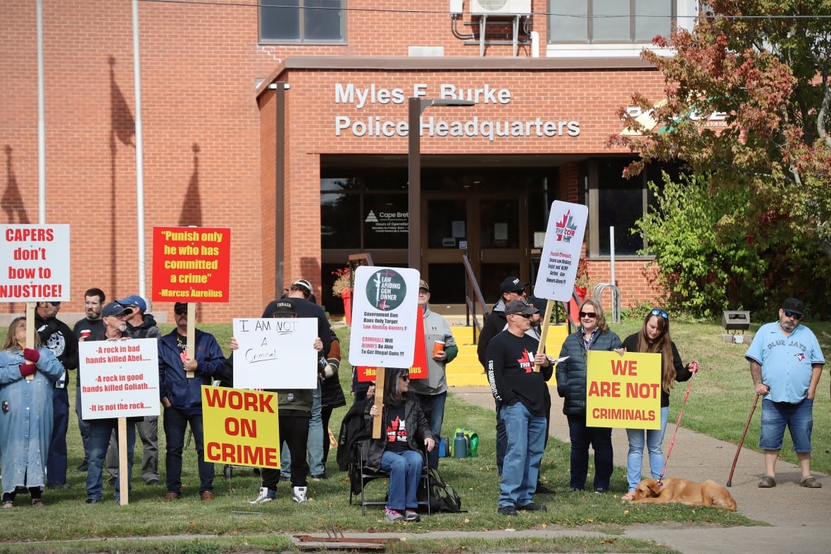 People holding colourful signs are lined up on green grass along the sidewalk in front of a red brick building.