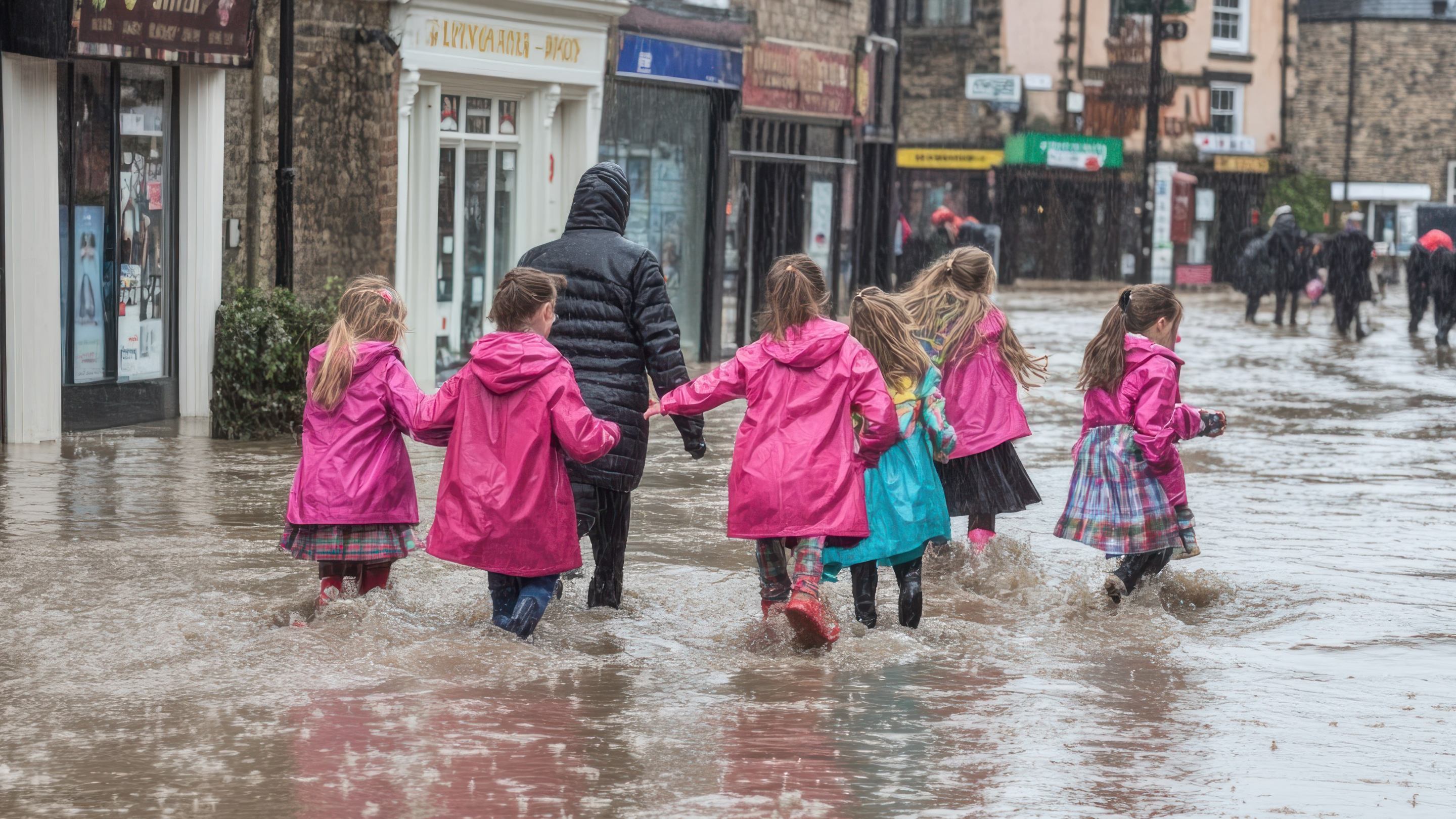 Children in pink raincoats wading through a flooded street