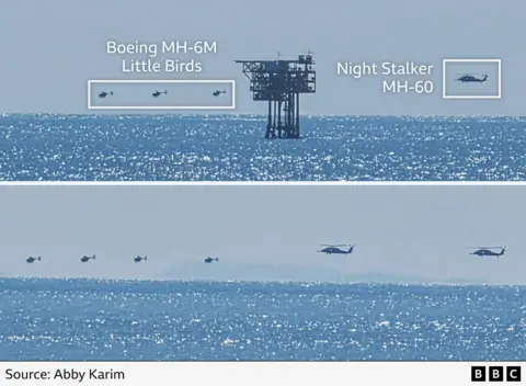 Two images show helicopters flying low over the sea. The top image has identified the smaller helicopters as Boeing MH-6Ms, the larger helicopter is identified as an MH-60. 