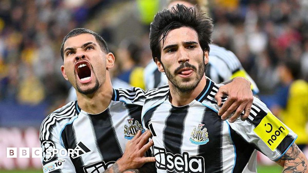 Sandro Tonali celebrates with Bruno Guimaraes after Newcastle United's opening goal against Union Saint-Gilloise on 1 October, 2025
