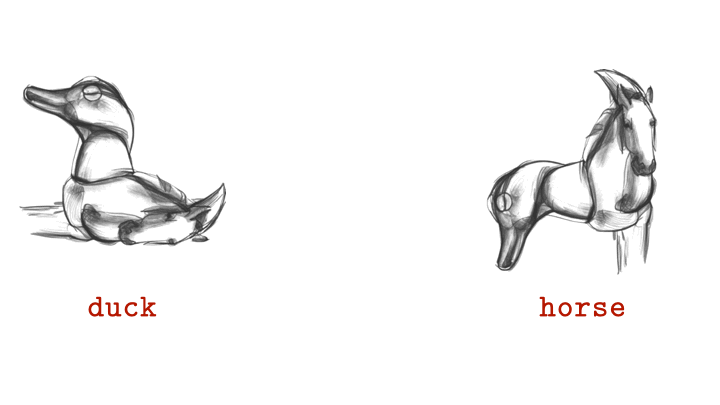 A black and white visual anagram of a duck and a horse in gif form