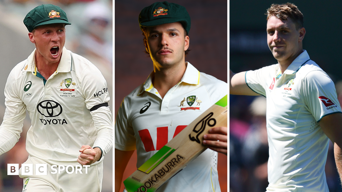 Split image with Nathan McSweeney celebrating a wicket in the field, Sam Konstas posing with a bat and his Baggy Green and Cameron Green standing and smiling in Test whites