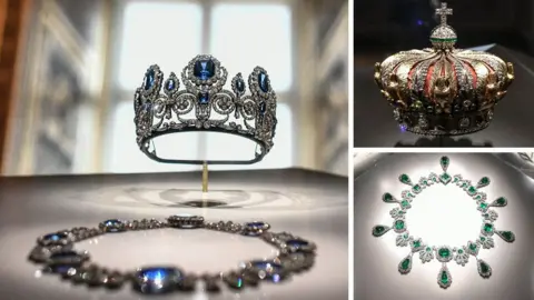 AFP via Getty Images A composite with 3 images of jewels stolen from the Louvre museum in Paris. A sapphire tiara, and emerals necklace and an ornate heavy crown with emeralds, gold and diamonds
