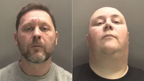 Merseyside Police Custody pictures of Anthony James Dean, who has short brown hair and a brown beard and is wearing a grey jumper, and William James Swann is wearing a black top.