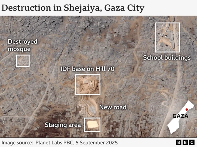 BBC-annotated satellite imagery picking out the IDF base on Hill 70 near Gaza City and various developments around it