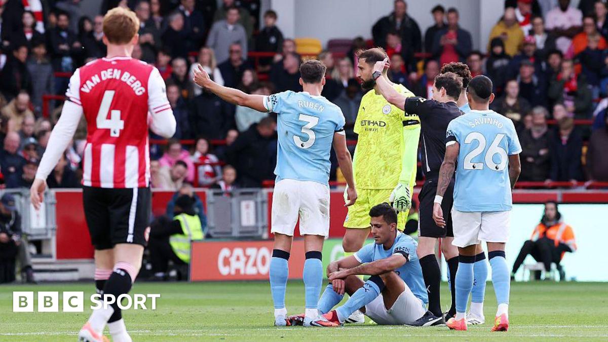 Rodri looks crestfallen after suffering an injury in Manchester City's victory over Brentford in the Premier League