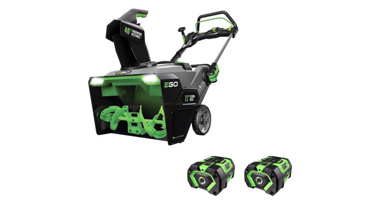 A snow blower and two extra batteries on a white background.