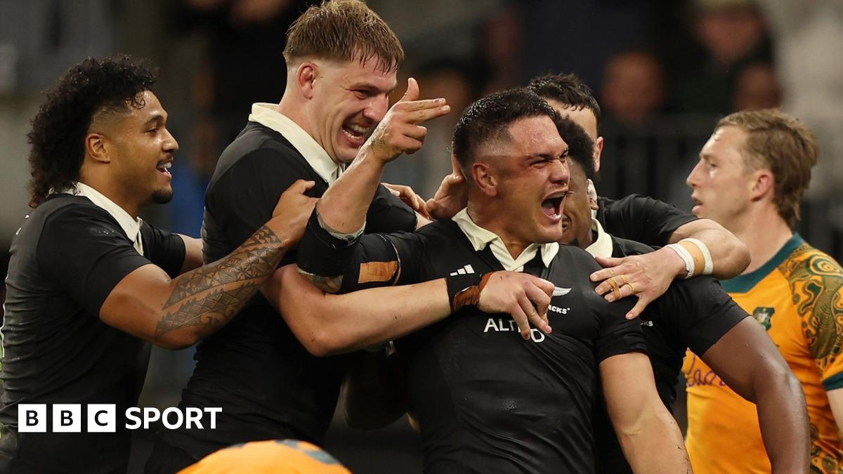 New Zealand's Quinn Tupaea celebrates scoring a try against Australia in Perth