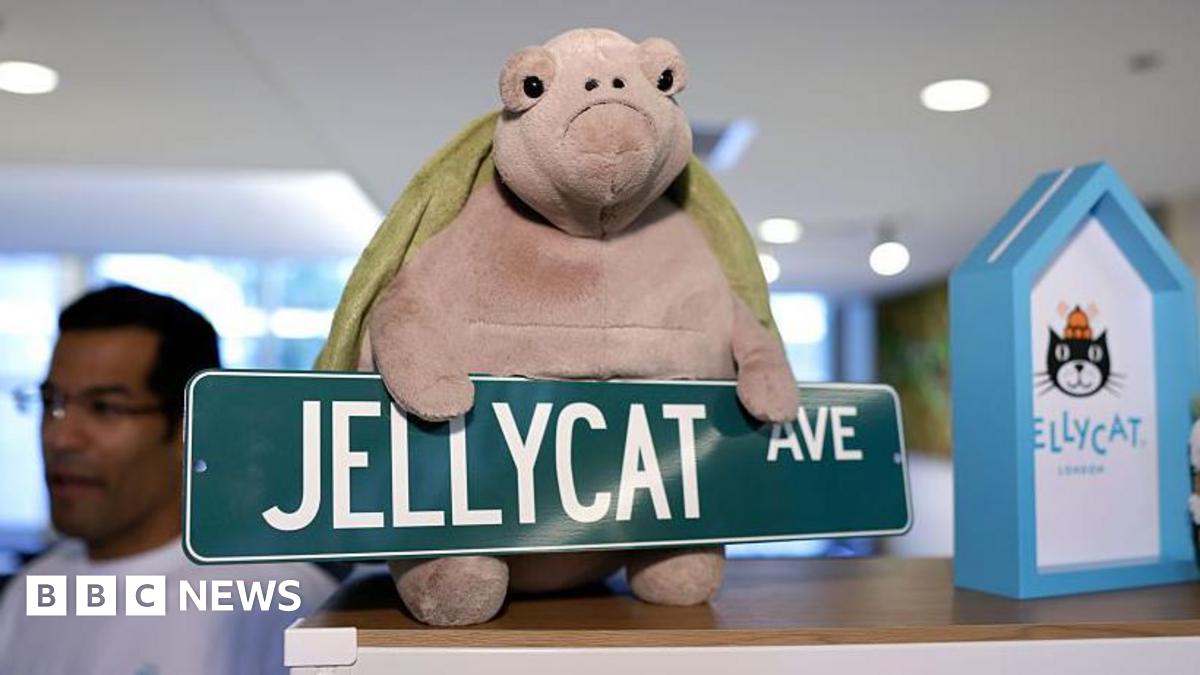 A stuffed toy Jellycat turtle with a sad expression sits on a shelf holding a sign that says Jellycat