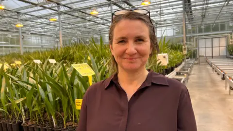 Woman with brown hair standing into of plants in a greenhouse. She has brown hair and eyes and has glasses on her head.