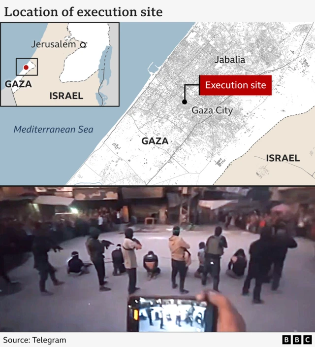 Graphic with a map of the location of the execution site in Gaza city and a screenshot of the video before the execution takes place. Eight men with rifles are pointing them at Eight men on their knees in front of them. A hand can be seen in the foreground holding a phone filming.