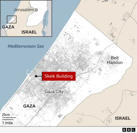 A map points to the Skeik Building in Gaza City. 