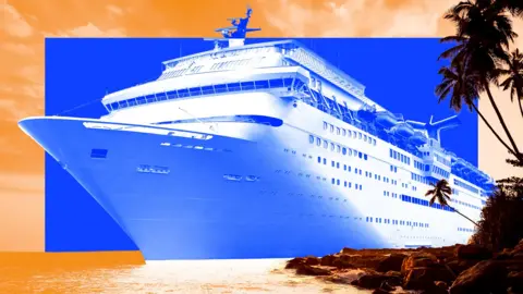 BBC Treated image of a cruise ship on a blue background imposed on a scene showing a tropical island with orange sky and sea 