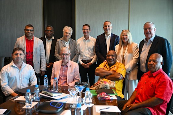 PNG prime minister James Marape unveils the team name at a club board meeting attended by NRL CEO Andrew Abdo on Sunday.