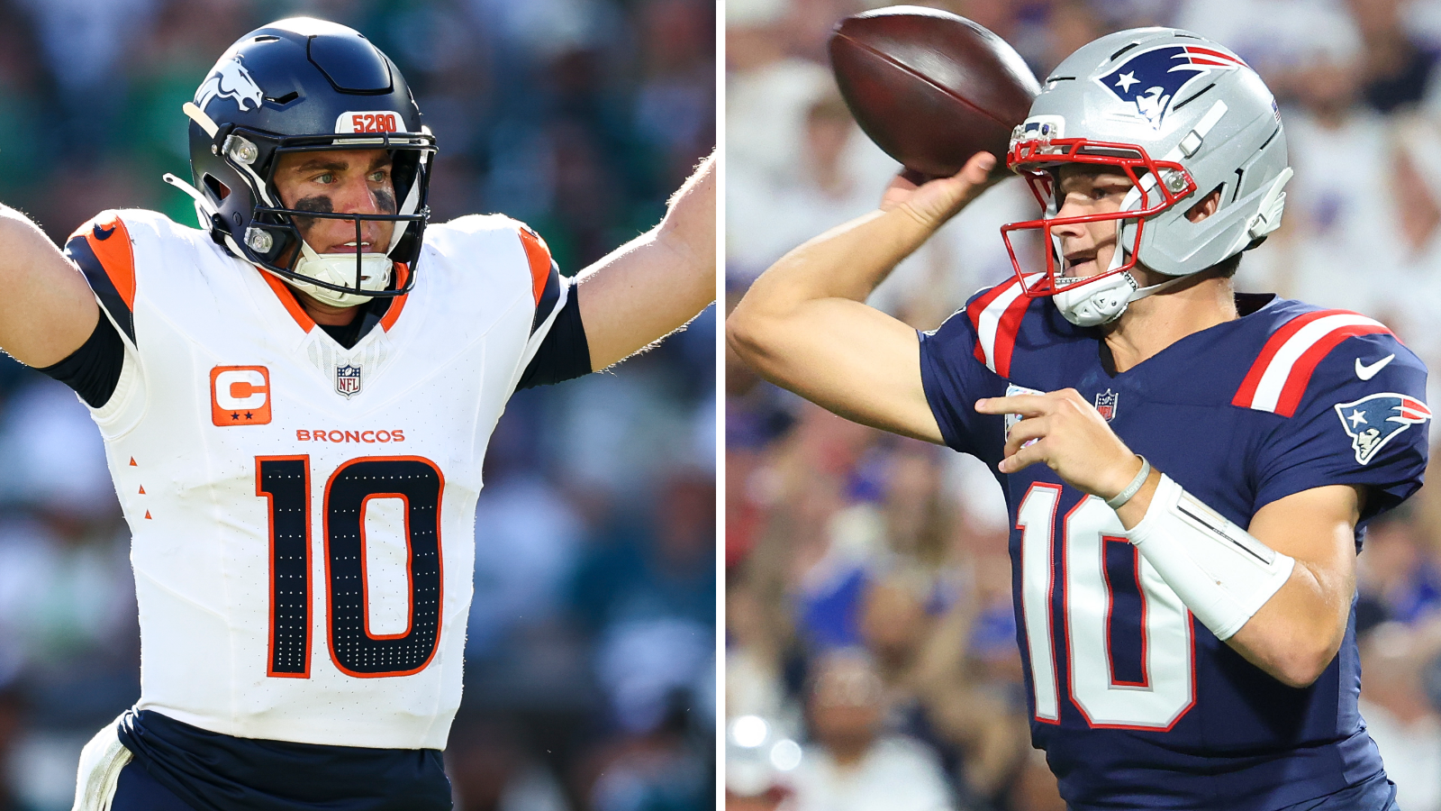 Bo Nix of the Denver Broncos and Drake Maye of the New England Patriots in action during Sunday's NFL games