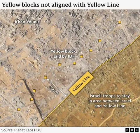 A graphic showing the location of the Yellow Line marked on IDF maps. 10 blocks are positioned near the city of Khan Younis up to 290m in front of the line. 