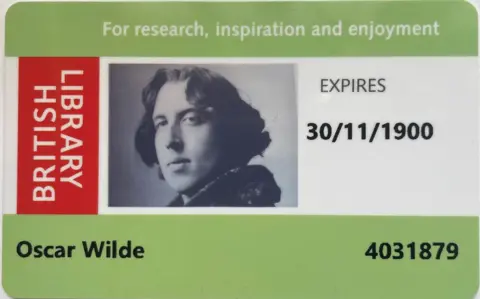 British Library Board A modern British Library readers card showing Oscar Wilde's photo and name, and an expiry date 30/11/1900