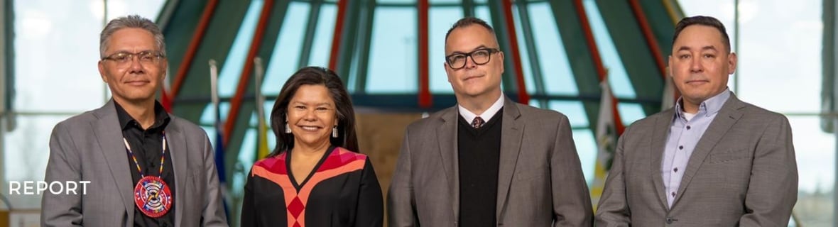 FNUniv president Jacqueline Ottmann and her leadership team, (L to R) Bob Kayseas (Vice-President, Academic), Gord Hunchak (Vice-President, University Relations), Jason Wong (Vice-President, Finance & Administration)