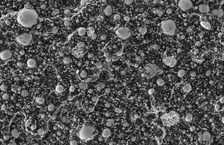 Gray blobs of liquid metal are scattered within a black background.