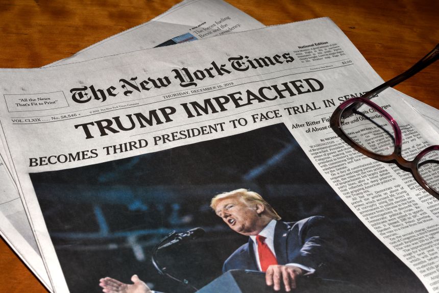 The December 19, 2019, edition of The New York Times leads President Donald Trump's first impeachment.