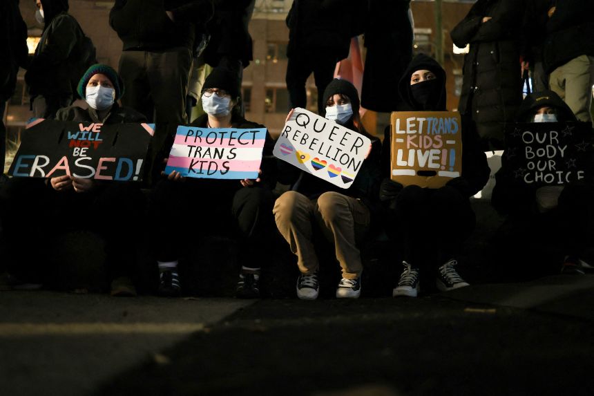 People gather to defend the rights of transgender people in New York on February 3.