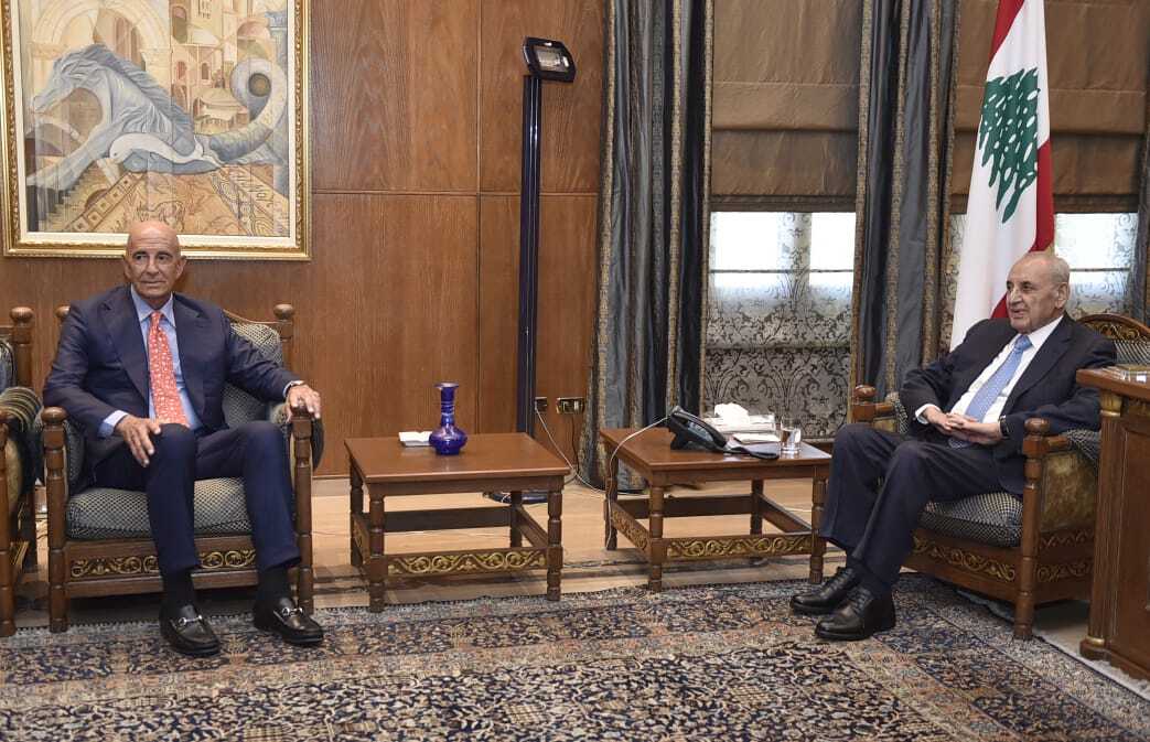 July 22: U.S. ambassador to Turkiye and special envoy to the Middle East, Tom Barrack (left), meets with Lebanese Parliament Speaker Nabih Berri (right) in Beirut, Lebanon.