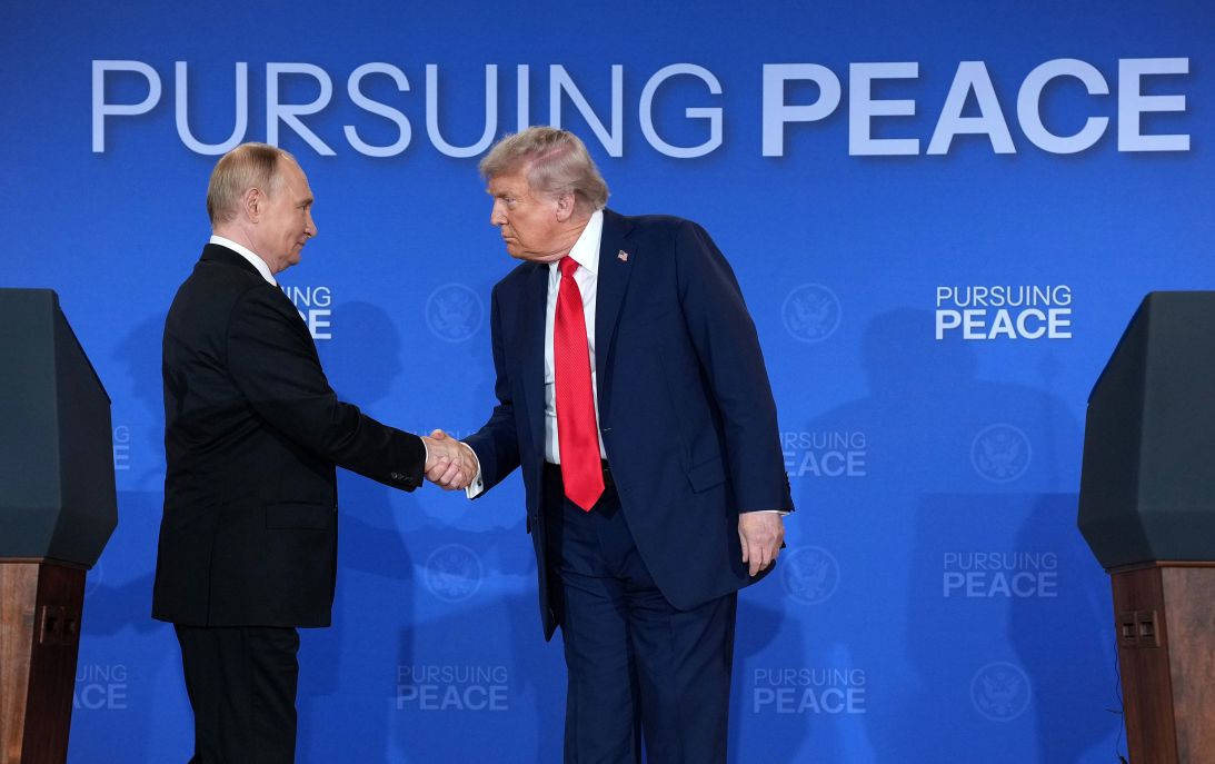 President Donald Trump and Russian President Vladimir Putin shake hands at the end of a press conference at Joint Base Elmendorf-Richardson on August 15, in Anchorage, Alaska.