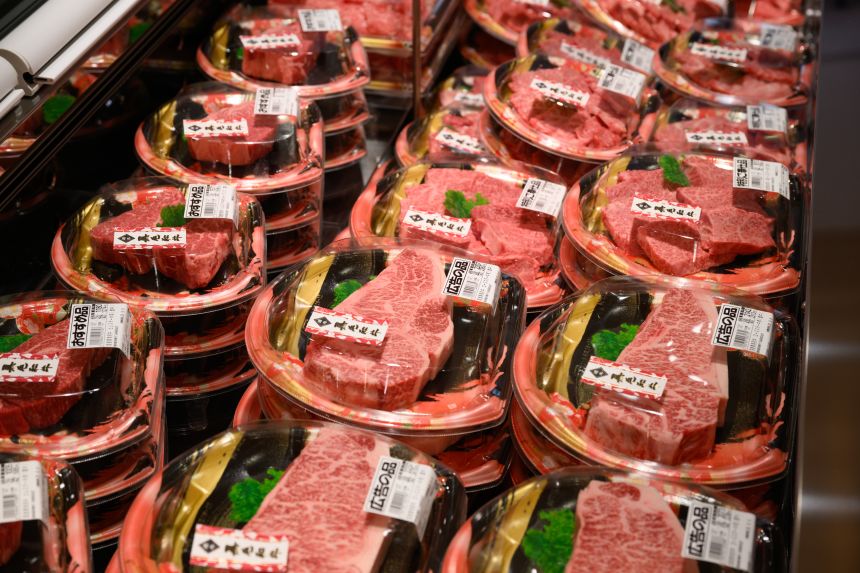 Packaged beef steaks displayed for sale at a supermarket in Tokyo, Japan, on September 3, 2025.