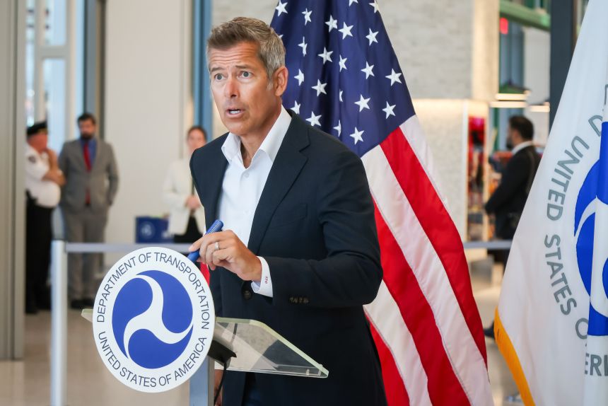 US secretary of transportation Sean Duffy speaks during a news conference in at Newark Liberty International Airport in Newark, New Jersey, on Monday.