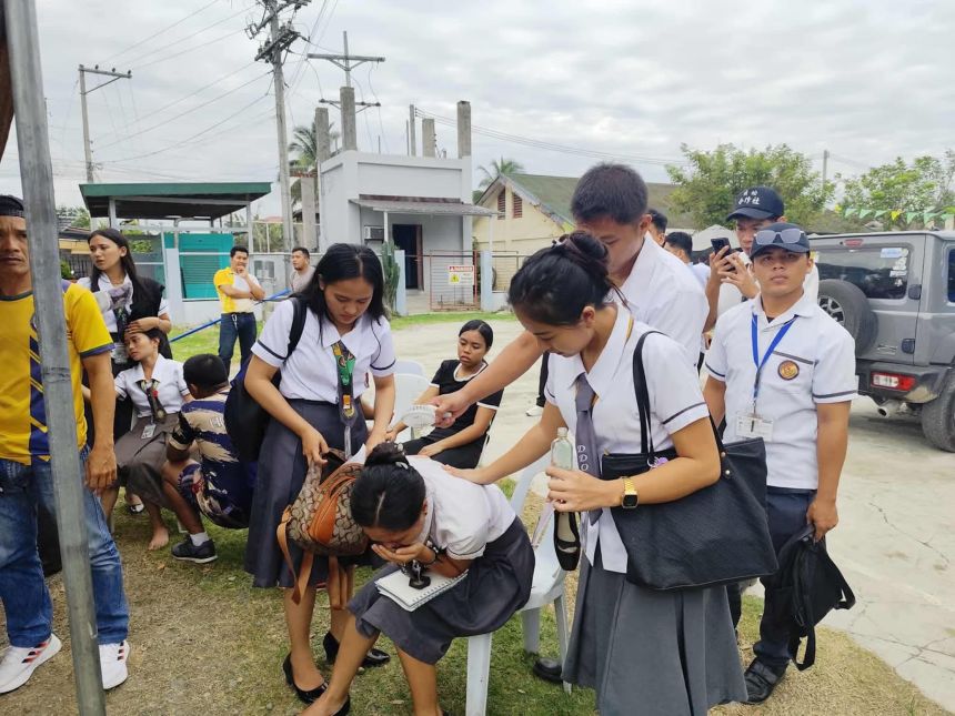 Students at Davao De Oro State College are evacuated to safety following a magnitude 7.5 earthquake that struck parts of Davao Region, in Davao, Philippines, on October 10, 2025.