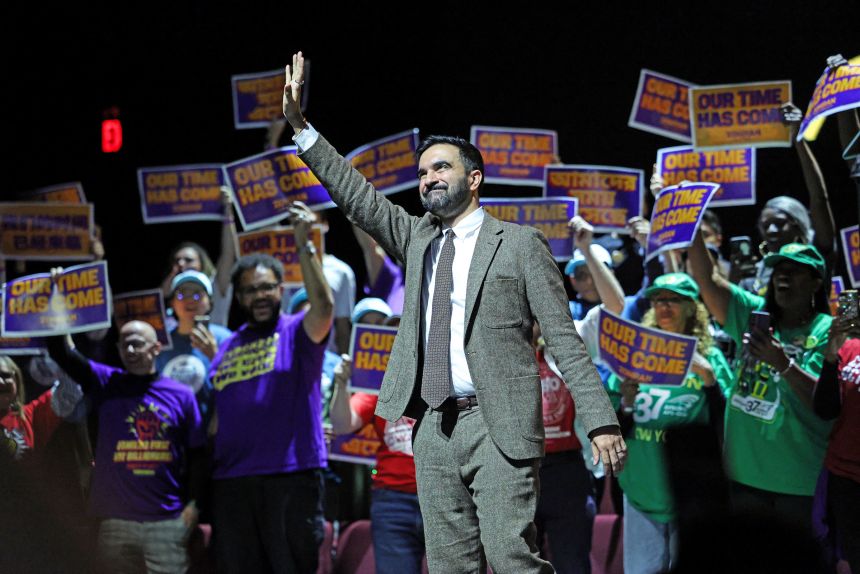 New York City Democratic mayoral candidate Zohran Mamdani waves after speaking during a rally in Washington Heights, New York on October 13, 2025.