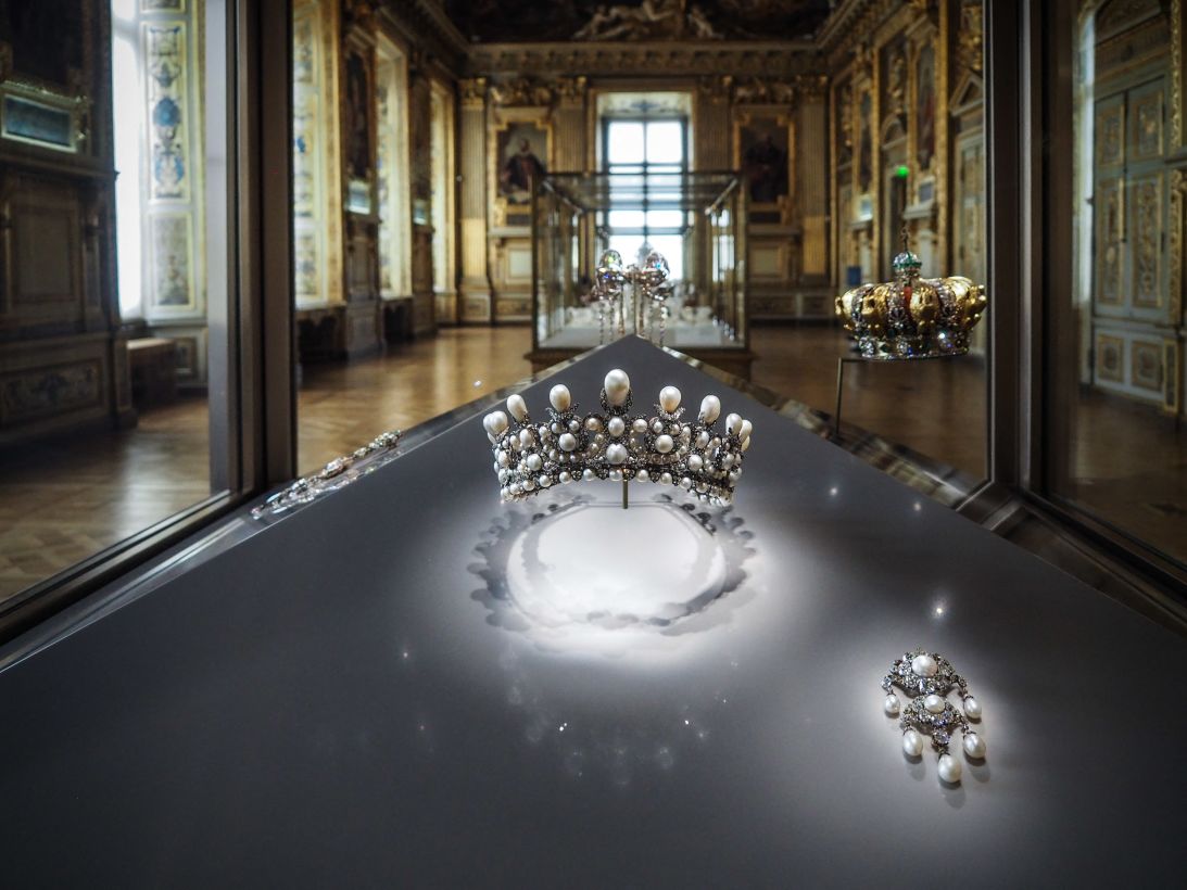 Empress Eugenie's diadem of pearls exhibited in the Apollo's Gallery at the Louvre in Paris, France on May 20, 2021. It is among eight pieces still missing.