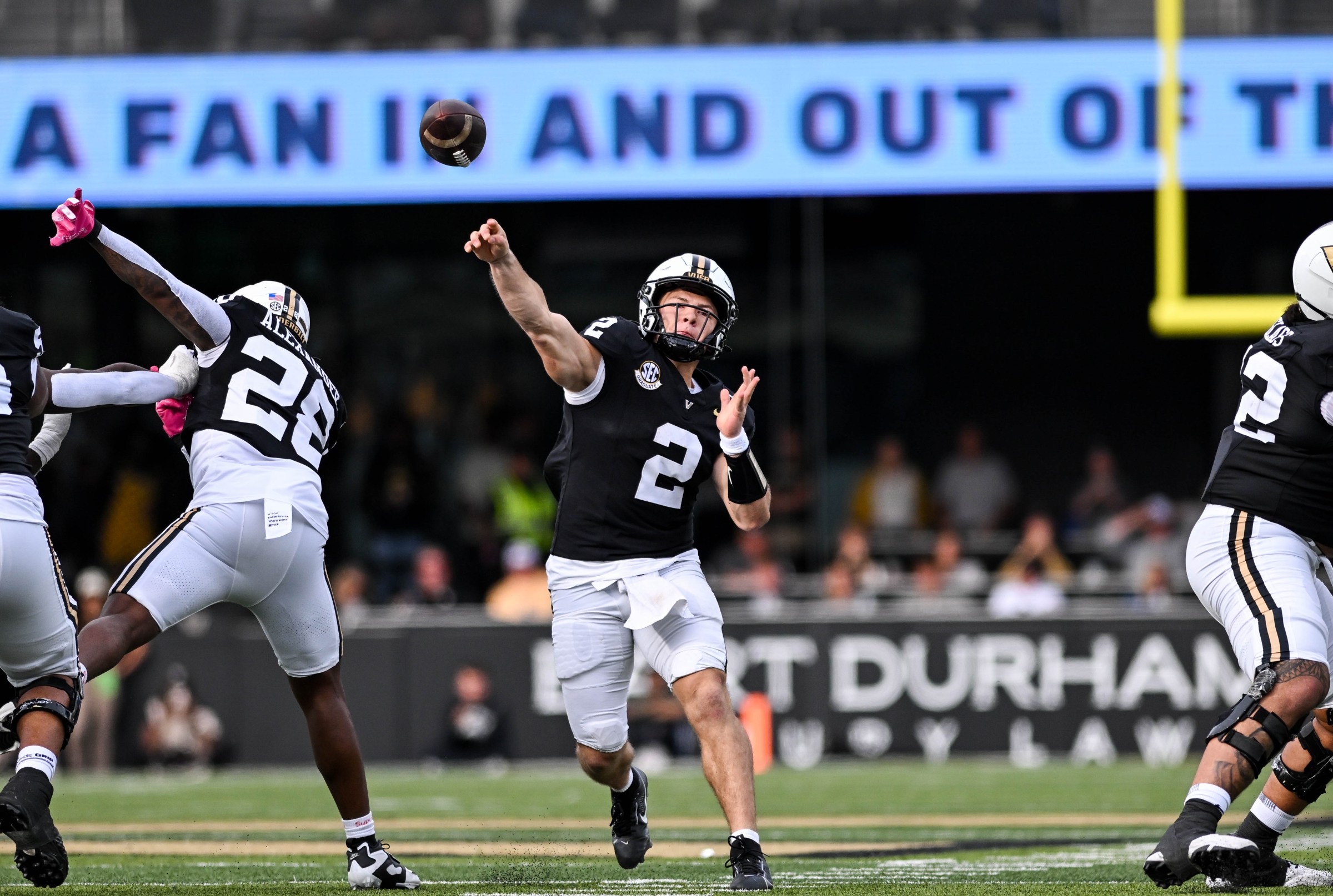 NASHVILLE, TENNESSEE - OCTOBER 25: Diego Pavia #2 of the Vanderbilt Commodores passes the ball against the Missouri Tigers in the first half at FirstBank Stadium on October 25, 2025 in Nashville, Tennessee. (Photo by Carly Mackler/Getty Images)