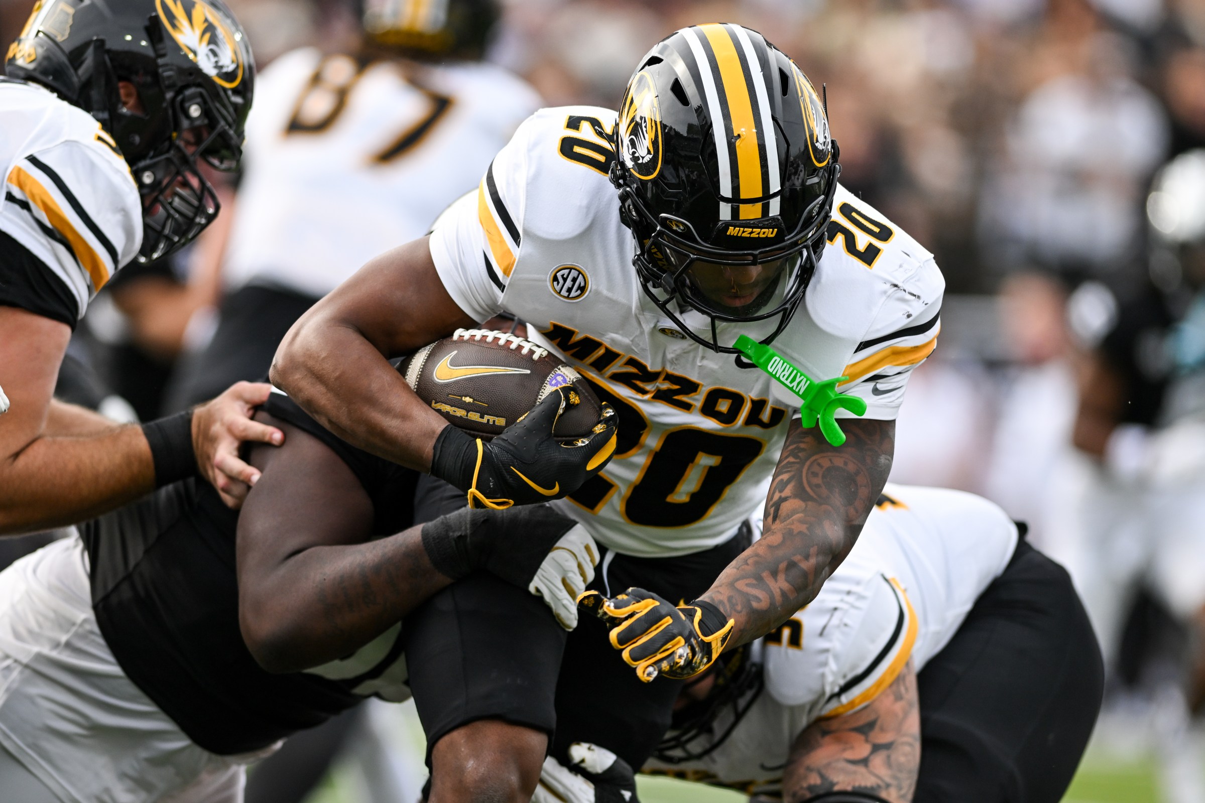 NASHVILLE, TENNESSEE - OCTOBER 25: Jamal Roberts #20 of the Missouri Tigers runs the ball against the Vanderbilt Commodores in the first half at FirstBank Stadium on October 25, 2025 in Nashville, Tennessee. (Photo by Carly Mackler/Getty Images)