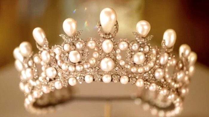 A tiara adorned with pearls worn by French Empress Eugenie, which was among the items stolen by thieves from the Louvre