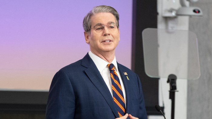 US Secretary of the Treasury Scott Bessent speaks at a podium during the Community Bank Conference.