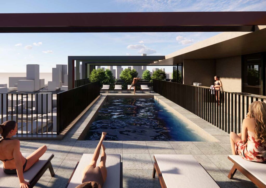 Architectural rendering of the rooftop recreation deck of the proposed Manning Street Residences project, featuring a pool, BBQ areas and landscaped seating zones on Level 30.