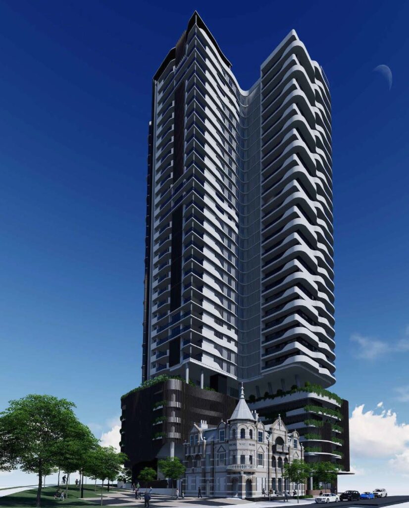 Architectural rendering of the external built form of the proposed Broadway Hotel redevelopment project.