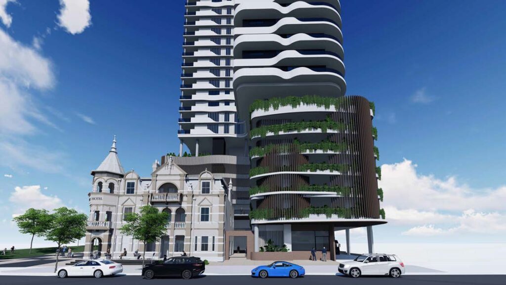 Architectural rendering of the external built form of the proposed Broadway Hotel redevelopment project.