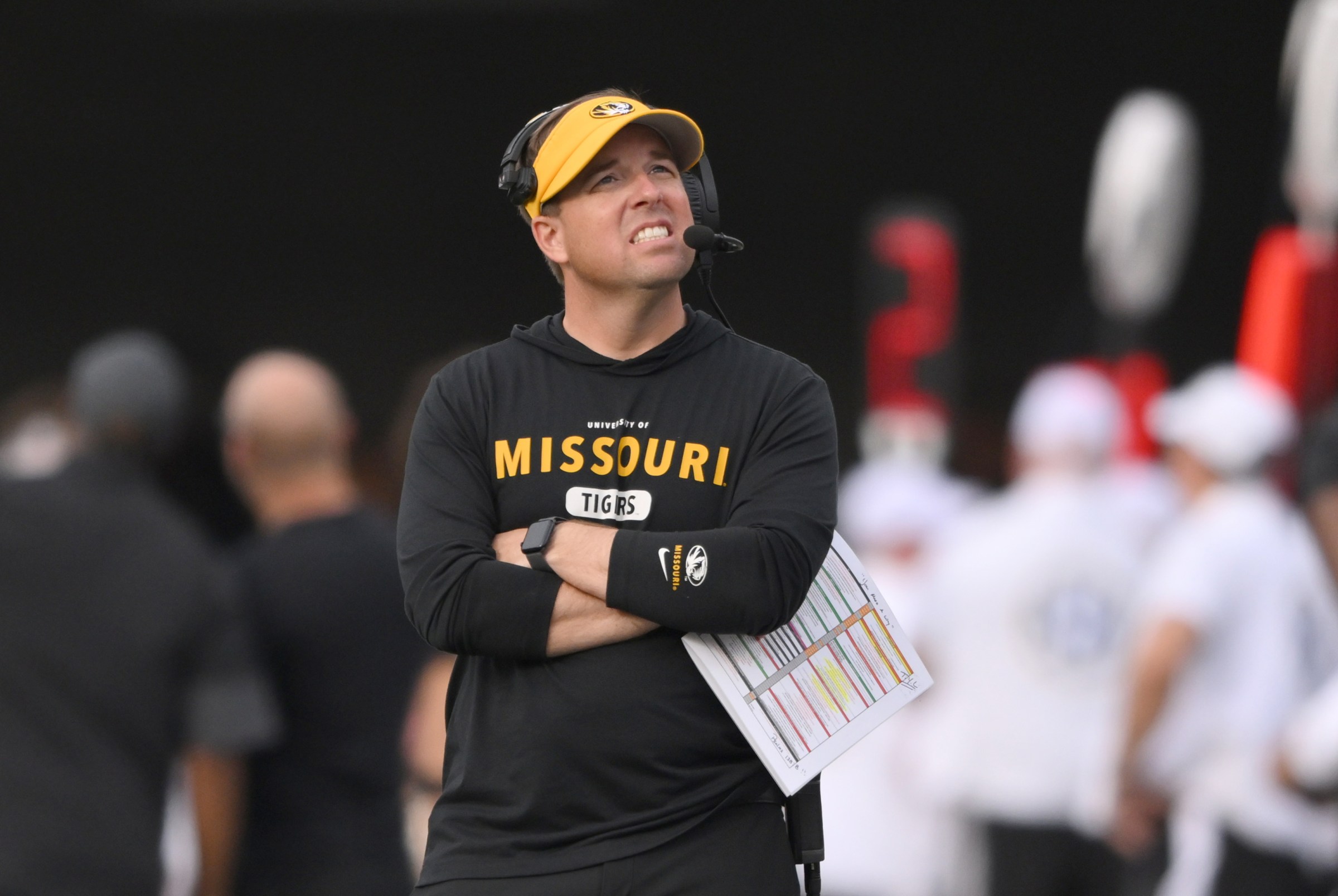 Oct 25, 2025; Nashville, Tennessee, USA; Missouri Tigers head coach Eli Drinkwitz on the sidelines during the second quarter against the Vanderbilt Commodores at FirstBank Stadium. Mandatory Credit: Steve Roberts-Imagn Images