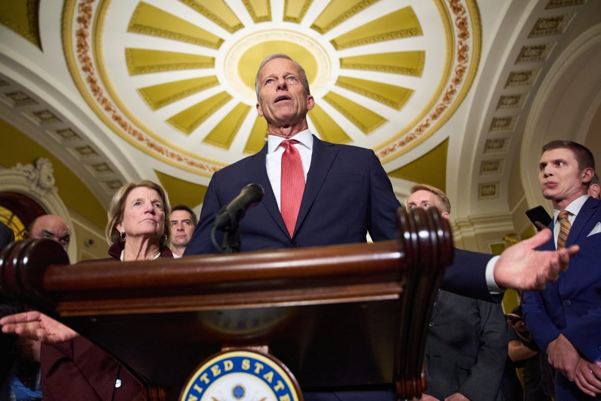 A man in a navy blue suit, white shirt and pink tie, stands behind a podium with his hands outstretched and a crowd of people behind him.