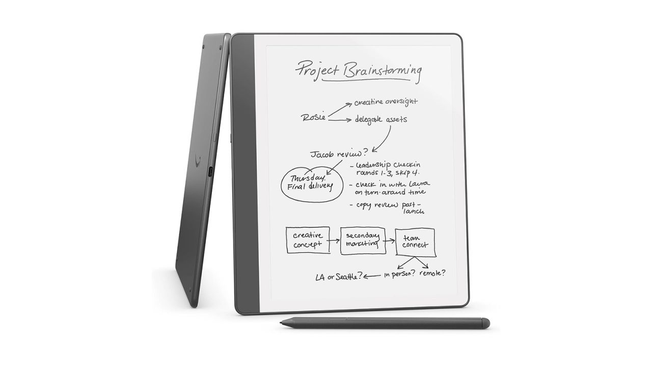 gray Amazon Kindle Scribe tablet for writing with gray pen