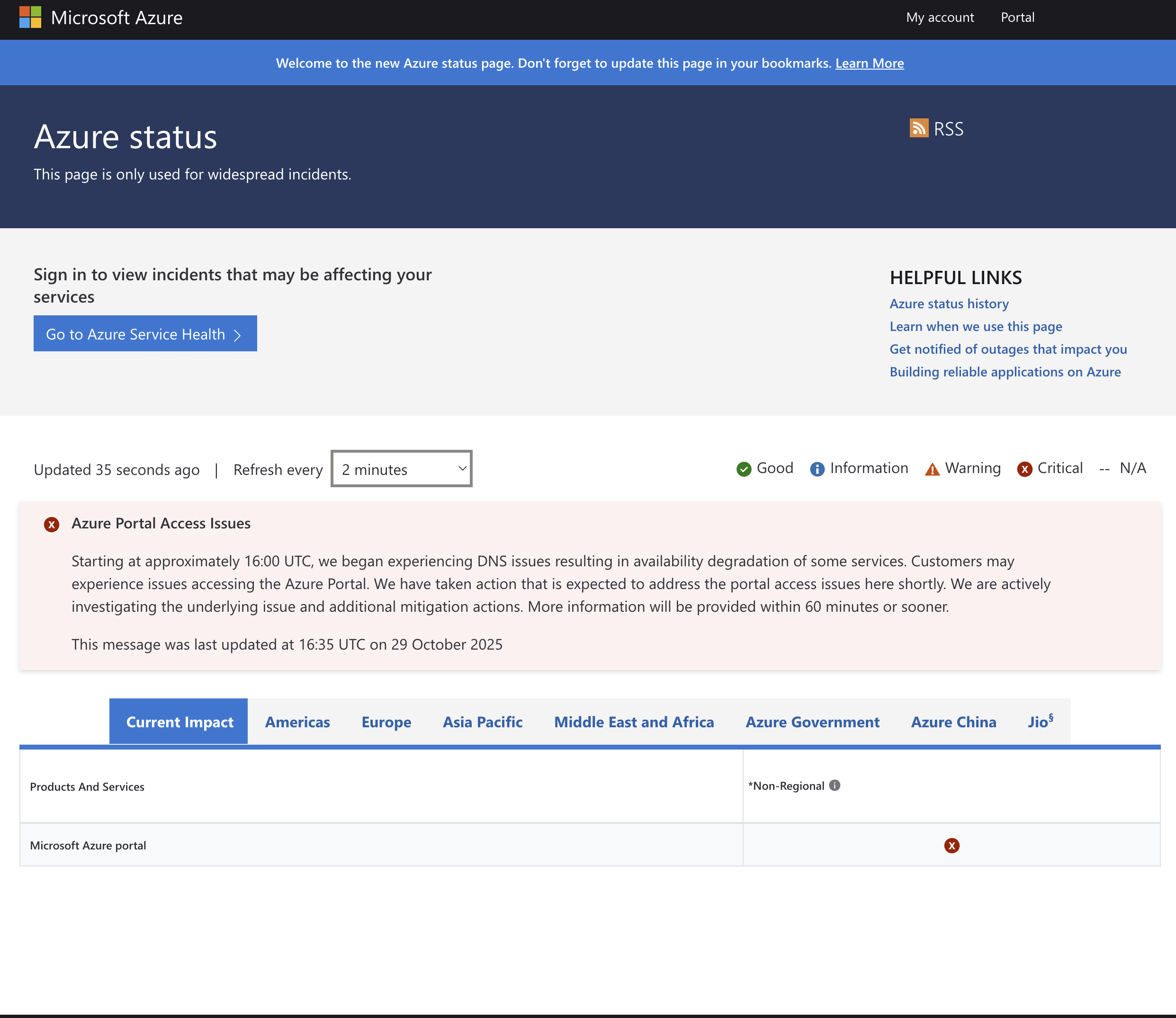 Microsoft Azure status page 10-29-25 9:45 AM