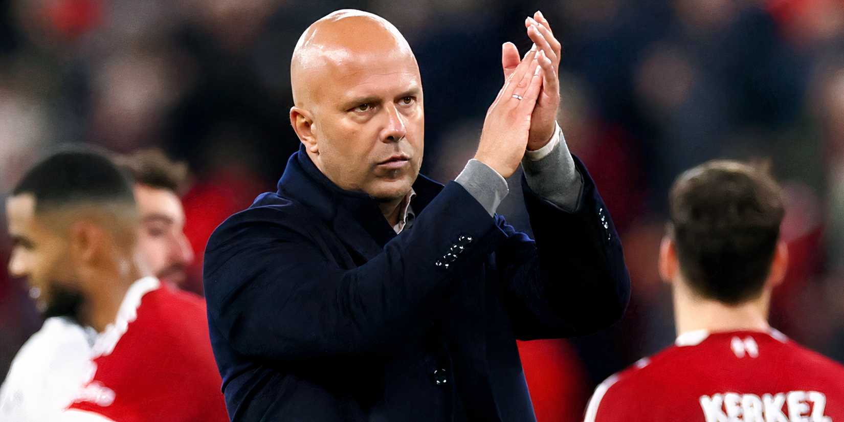 Liverpool manager Arne Slot applauds fans after the Manchester United defeat 