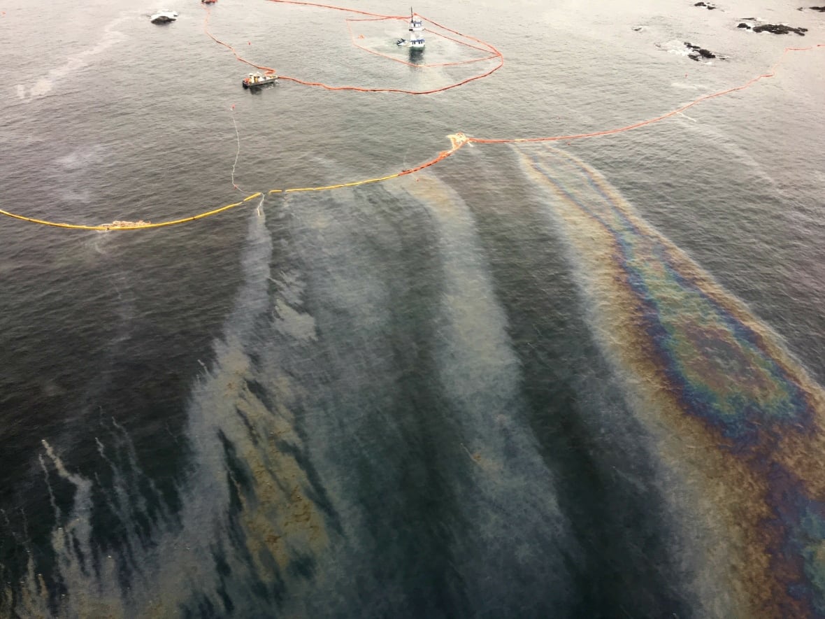 A very visible oil slick is seen on blue waters, with boats off in the horizon.