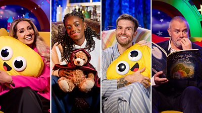 Composite image featuring four photos of new CBeebies Bedtime Stories readers: Nikita Kanda, Cat Burns, Joel Dommett, and Hugh Bonneville. 