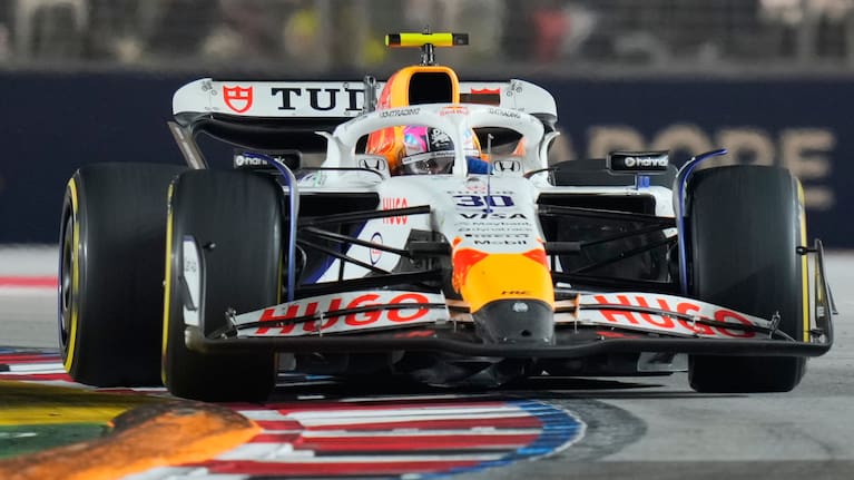 Racing Bulls driver Liam Lawson of New Zealand steers his car during the Singapore Formula One Grand Prix at the Marina Bay Street Circuit in Singapore.