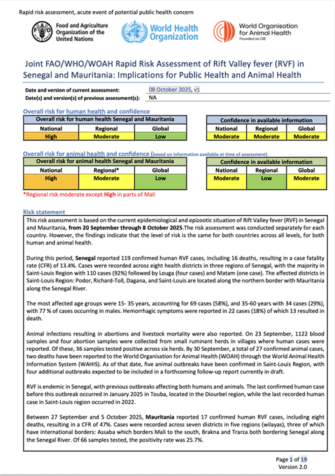 Joint FAO/WHO/WOAH Rapid Risk Assessment of Rift Valley fever (RVF) in Senegal and Mauritania: Implications for Public Health and Animal Health